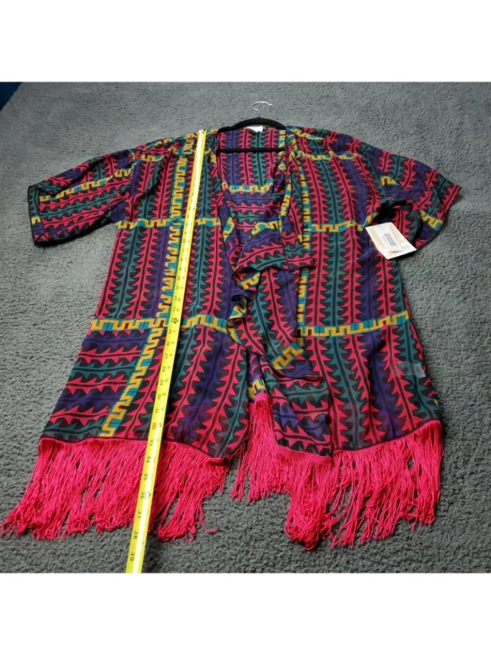 LulaRoe Monroe Kimono Womens  L Large Cardigan Red Fringe Multicolor y2K